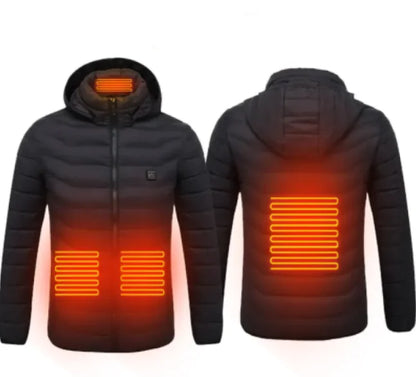 Black heated jacket with glowing orange heating elements on a white background