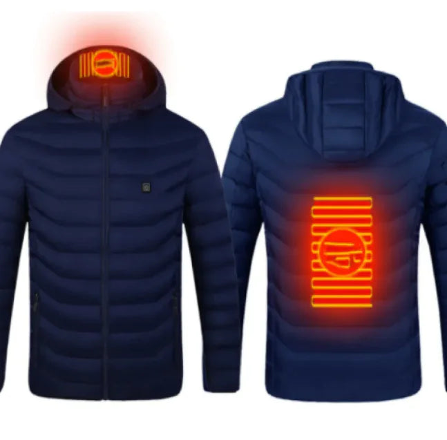 Navy blue heated jacket with glowing red indicator on a white background