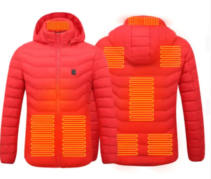 Red heated jacket with visible heating elements on a white background