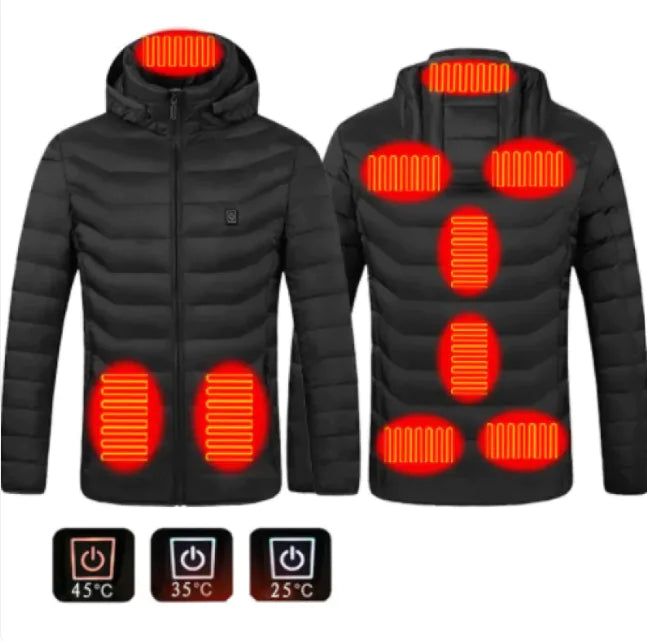 Black heated jacket with visible heating elements and control icons on a white background