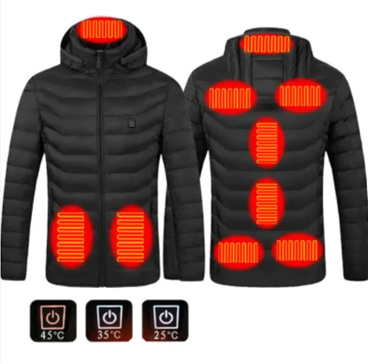 Black heated jacket with visible heating elements and control icons on a white background