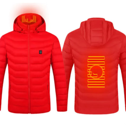Red puffer jacket with yellow logo on a white background