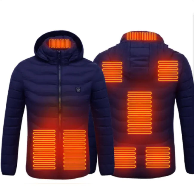 Navy blue heated jacket with orange heating elements on a white background