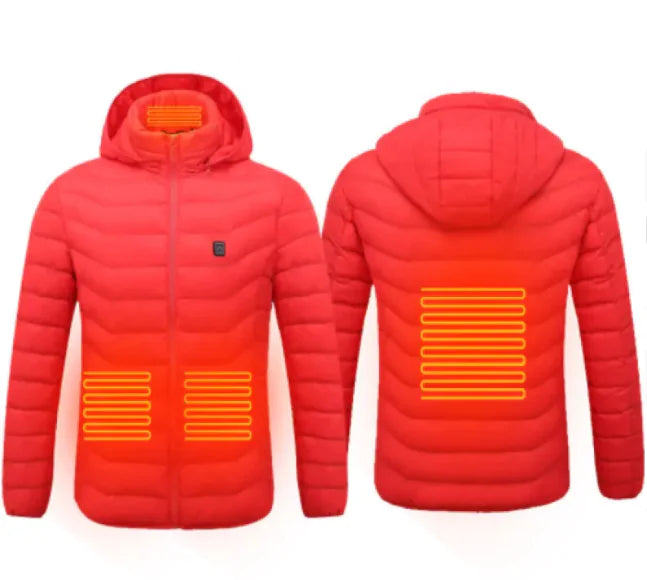 Red heated jacket shown from front and back on a white background