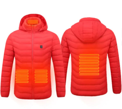 Red heated jacket shown from front and back on a white background