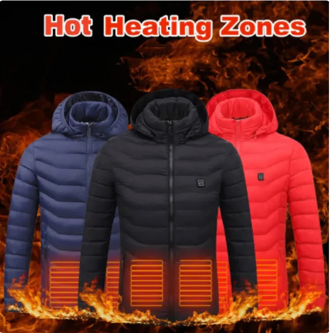 Three heated jackets in blue, black, and red with visible heating elements on a fiery background.