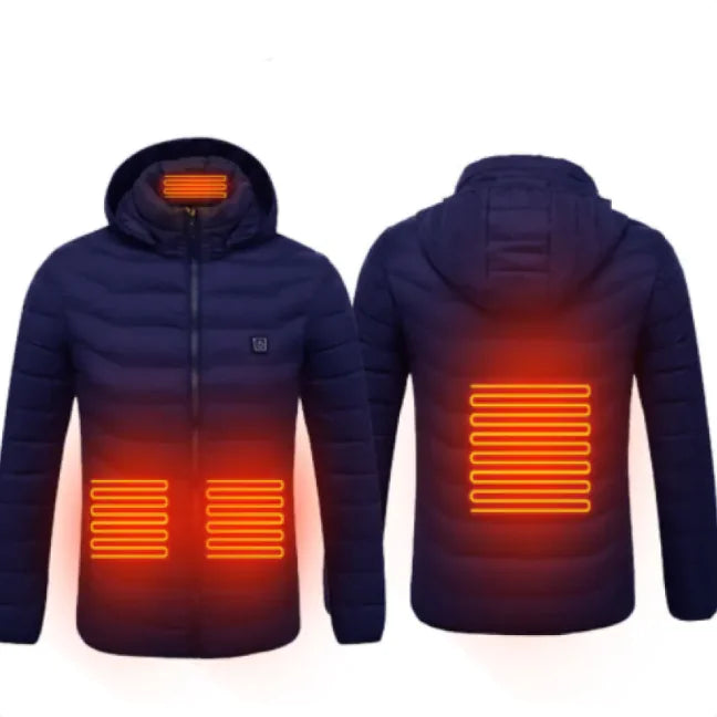 Navy blue heated jacket with visible heating elements on a white background