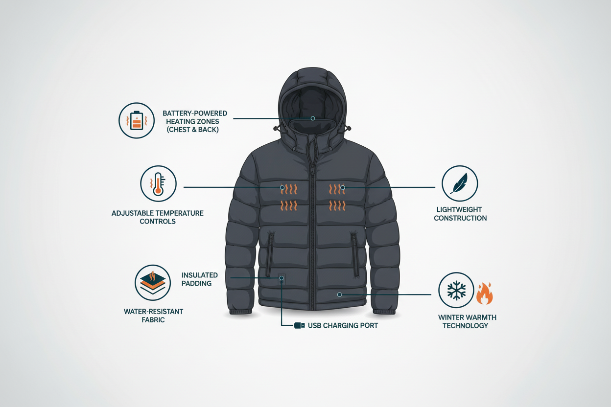 Heated Puffer jacket mens with hoodie, benefits