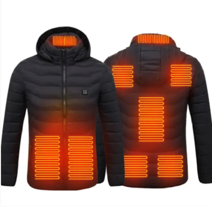 Black heated jacket with glowing orange heating elements on a white background