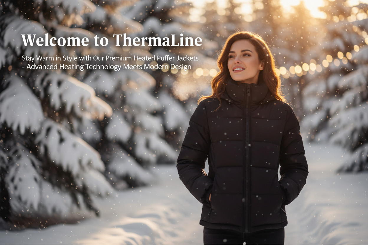 Put a Christmas Winter background with a person that has a Black ThermaCoat heated puffer. And then put in writing a small intro to my store that sells heated puffers. This image will be the first thing people will see when they enter the website