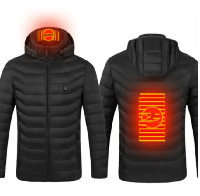 Black heated jacket with glowing red heating elements on a white background